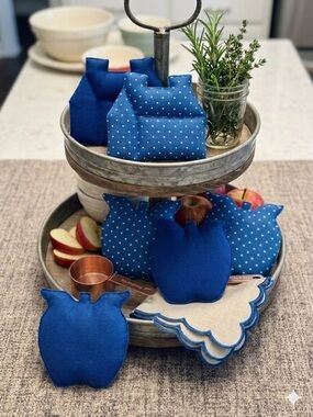 Blue & White Apples & Houses Fabric Décor Set